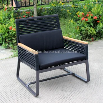 Modern Metal Patio Chairs With Teakwood Arm And Sling Fabric