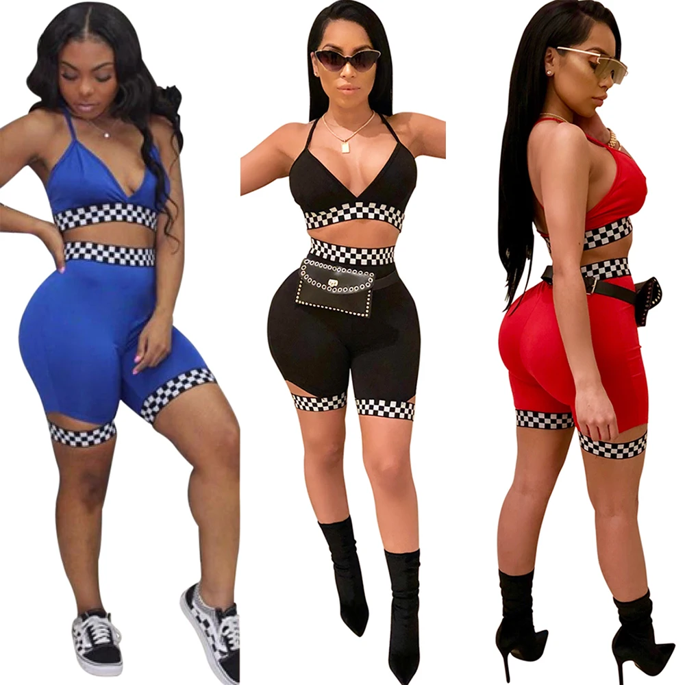 

FM-K8558 Fashion Nightclub ladies sexy tight short pants and bra sets Crop Top Women Two Piece Set, As pictures