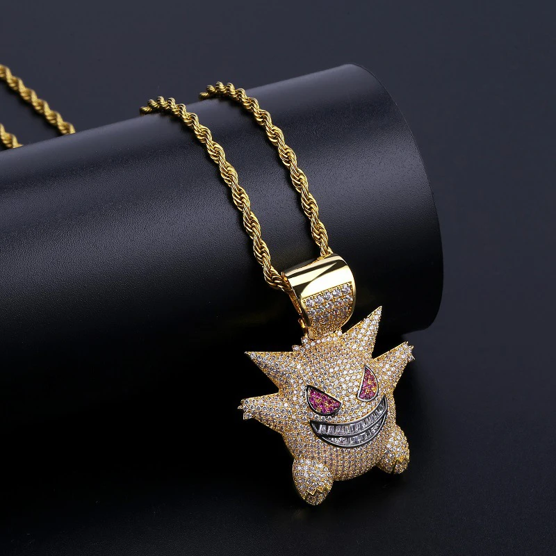 

AAA Cubic Zircon Mask Gengar Cartoon Pendant Necklace Hip Hop Iced Out Pokemon Chain Necklace For Men (KHP017), As picture
