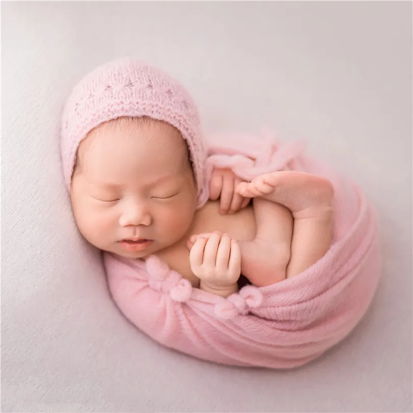 

Pink 35cm x 150cm Four-side stretch wrap with bonnet set Newborn Photography wrap set Crochet Mohair girl boy hat