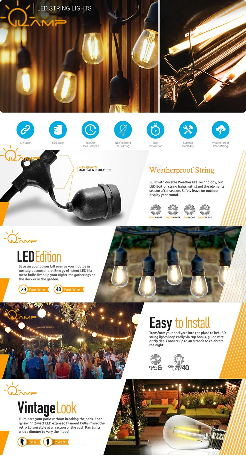 UL lighting decoration outdoor comercial light string with s14 edison bulbs for 110v 120v
