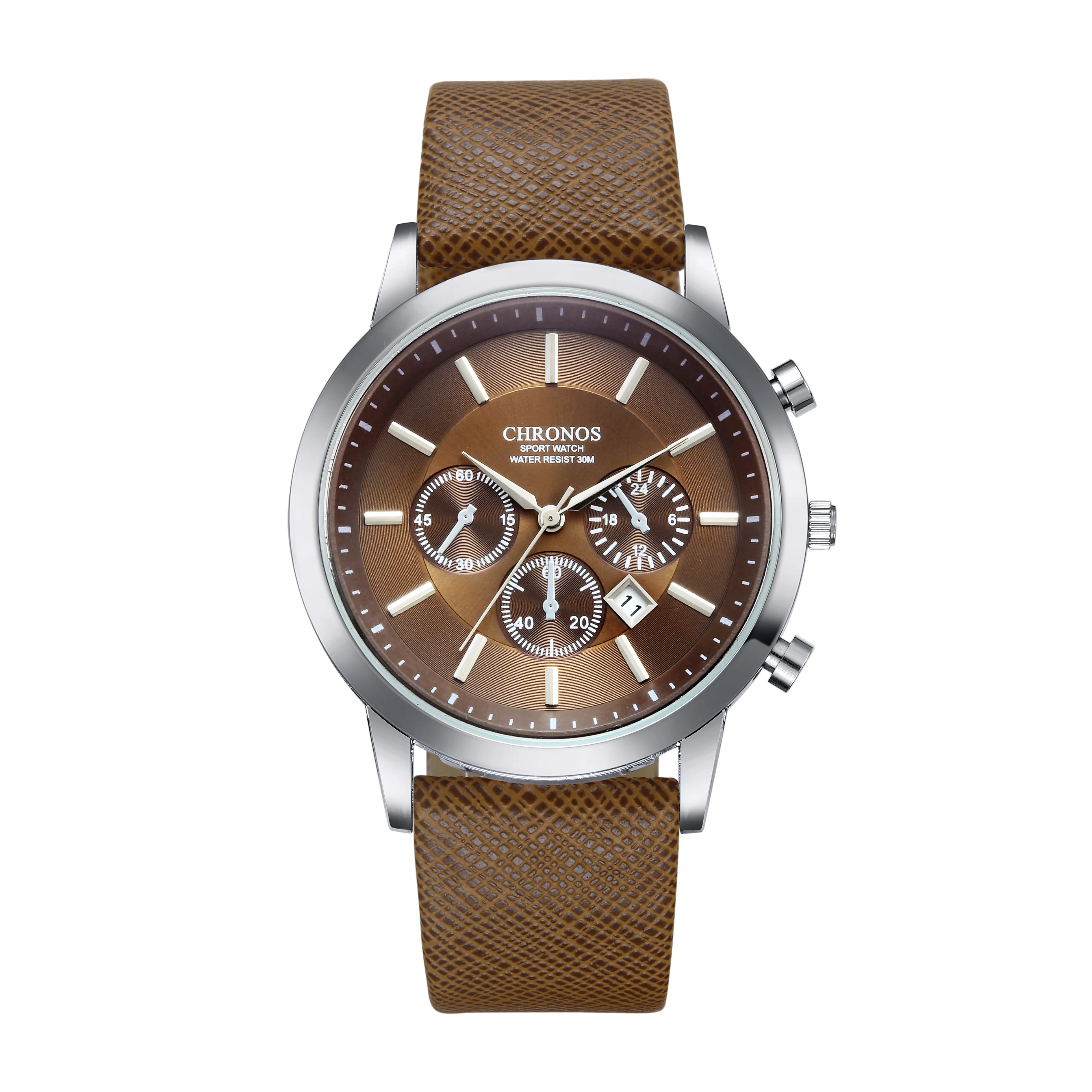 

New fashion casual quartz watch men large dial waterproof chronograph leather wrist watch reloj hombre, Sliver or custom