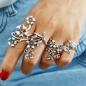 INFANTA JEWELRY Stylish Vintage Rose Flower Knuckle Rings Set for Women Girl Bohemia Antique Silver Color Midi Rings Set
