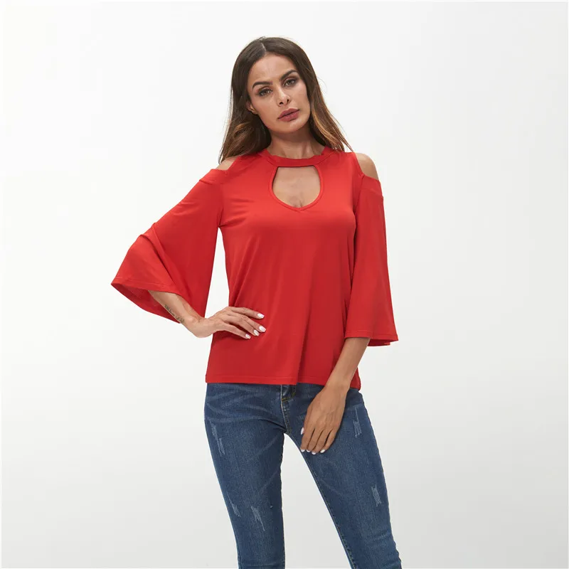 

2018 Summer Fashion Korean Styles Red Cold Shoulder Women Blank 3/4 Sleeve T Shirt Women's Tops