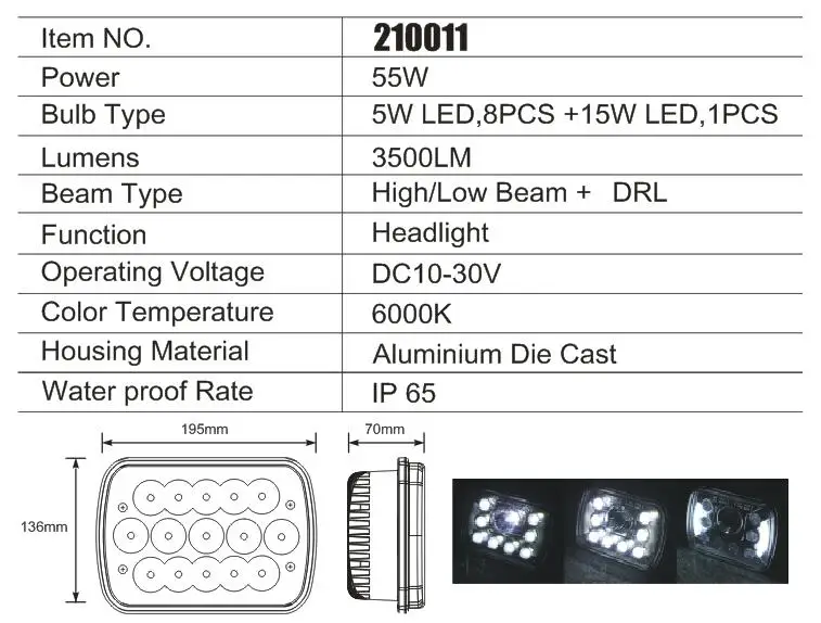 7 Inch Square LED Headlight for Trucks 55W 6000K 3W High Power LED 15Leds 3500LM 12V IP65 High Low Beam