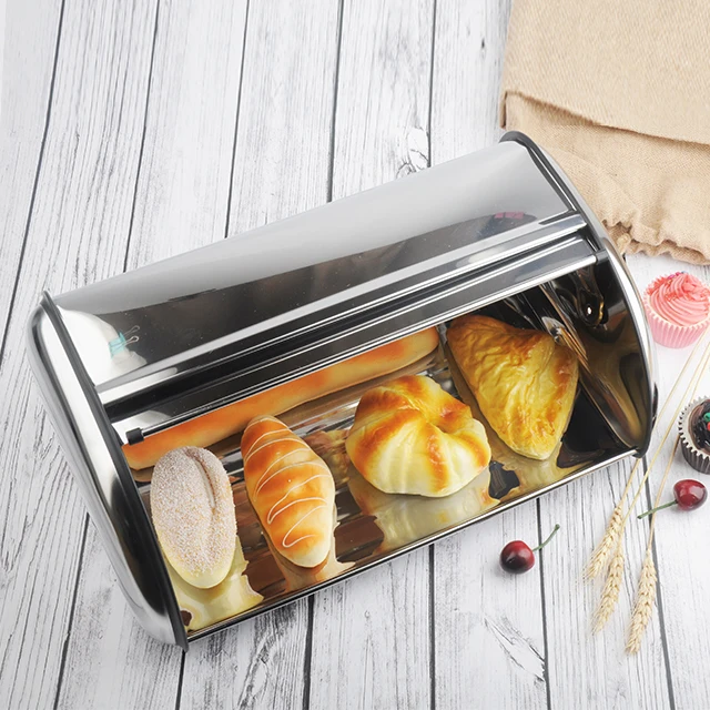 Stainless Steel Wood Roll Top Bread Box For Kitchen,Bread Bin,Bread