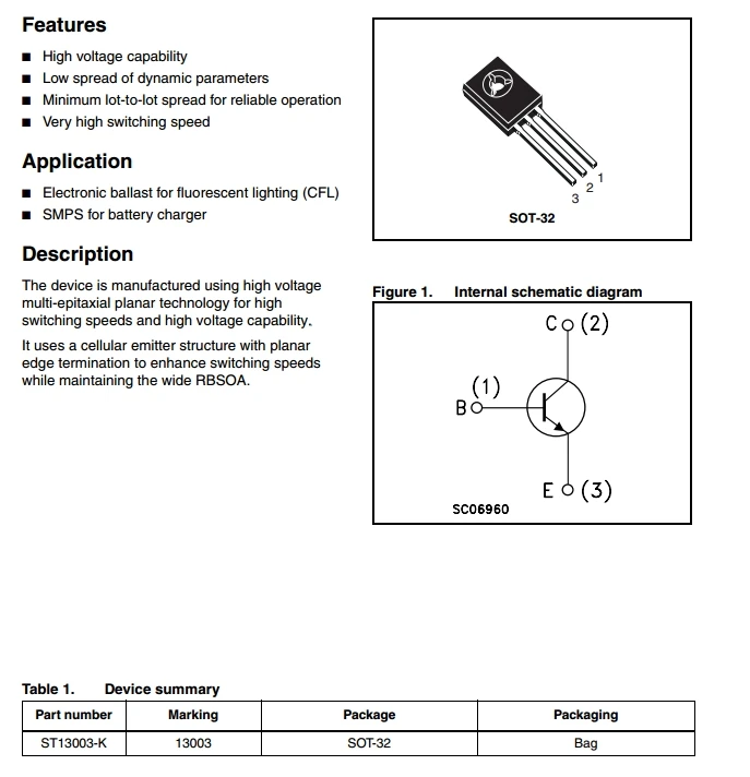 St13003k High Voltage Fastswitching Npn Power Transistor Buy