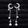 Fashion earring moon and star zircon long tassel pearl pendant earring for birthday party