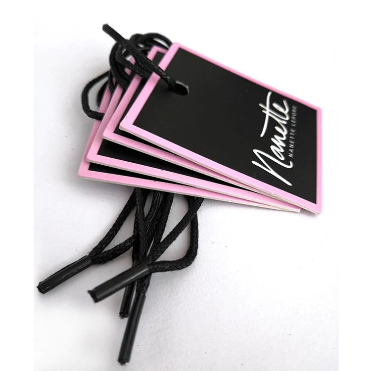 

Custom product paper tag, thick hang label with special string, Black, pink