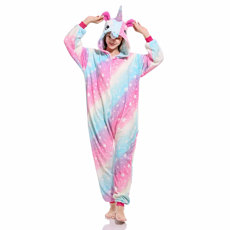 

Wholesale Cartoon Flannel Unisex Adult Pajamas Sets Sky Unicorn Animal Onesies Sleepwear Cosplay Halloween Costume