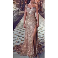 

2019 Sparkly Sequin Mermaid Prom Dresses Ruched Slit Beaded Waistband Party Gowns Evening Gowns Sequins One Shoulder Dress