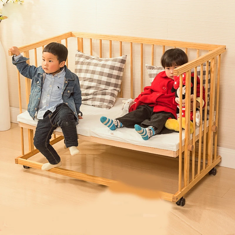 Wooden Baby Adjustable Bed With Bar Solid Wood Kids Bed With Rail