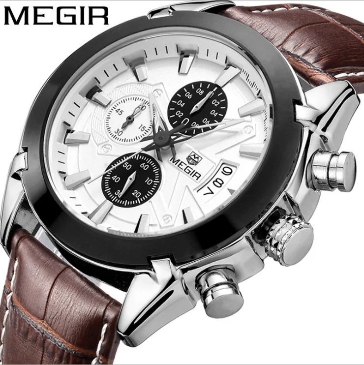 

MEGIR quartz male watches Genuine Leather watches racing men Students game Run Chronograph Watch male glow hands, One colour