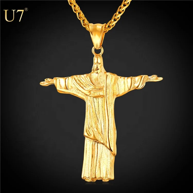 

U7 Stainless Steel / Gold Plated / black Brazil Rio De Janeiro Statue of Jesus 2017 New Christ Redeemer necklaces for men