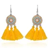 Antique Boho Chic Enamel Flower Stud Tassel Thread Dangle Drop Earrings Bohemian Long Tassel Fringed Statement Earrings