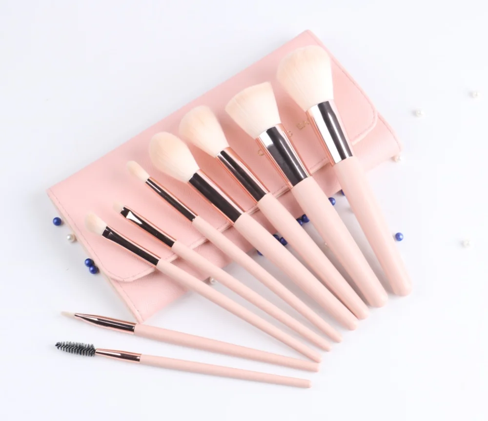 

Private Label Makeup Brush Set Custom Laser Brush Handle Brushes Set 9pcs Wood with PU Bag Synthetic Hair Rose Gold Pink