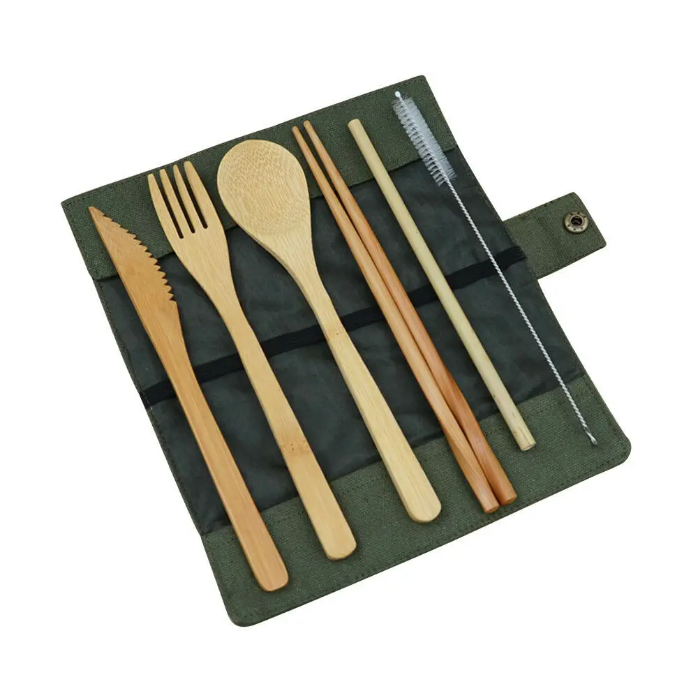 

Portable reusable Bamboo Cutlery set Travel Eco-friendly Fork Spoon Straw Prtical Set, Natural