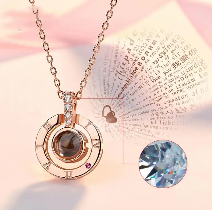 

2021 New Arrival Silver Rose Gold Silver Women Projection Necklace 100 Languages I Love You Necklace