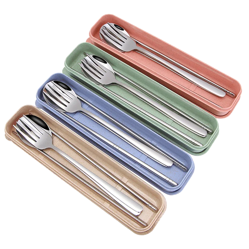 

tableware portable spoon fork chopsticks travel cutlery set with wheat straw case, Blue, pink,green,wheat for box etc...