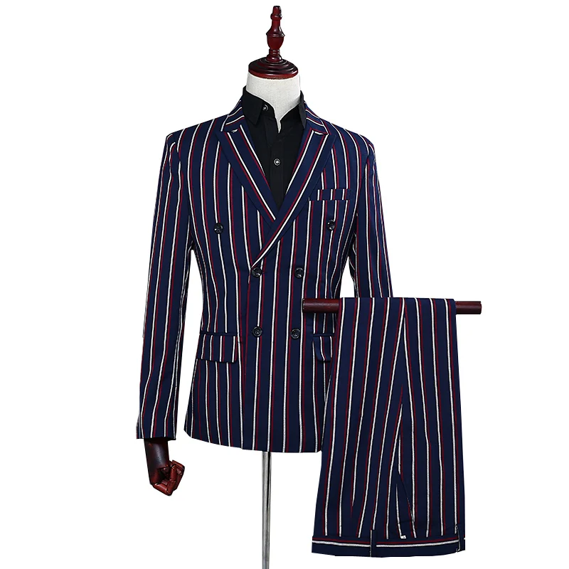 

Custom wool double breasted color stripe two piece business men slim fit suits, Customized color