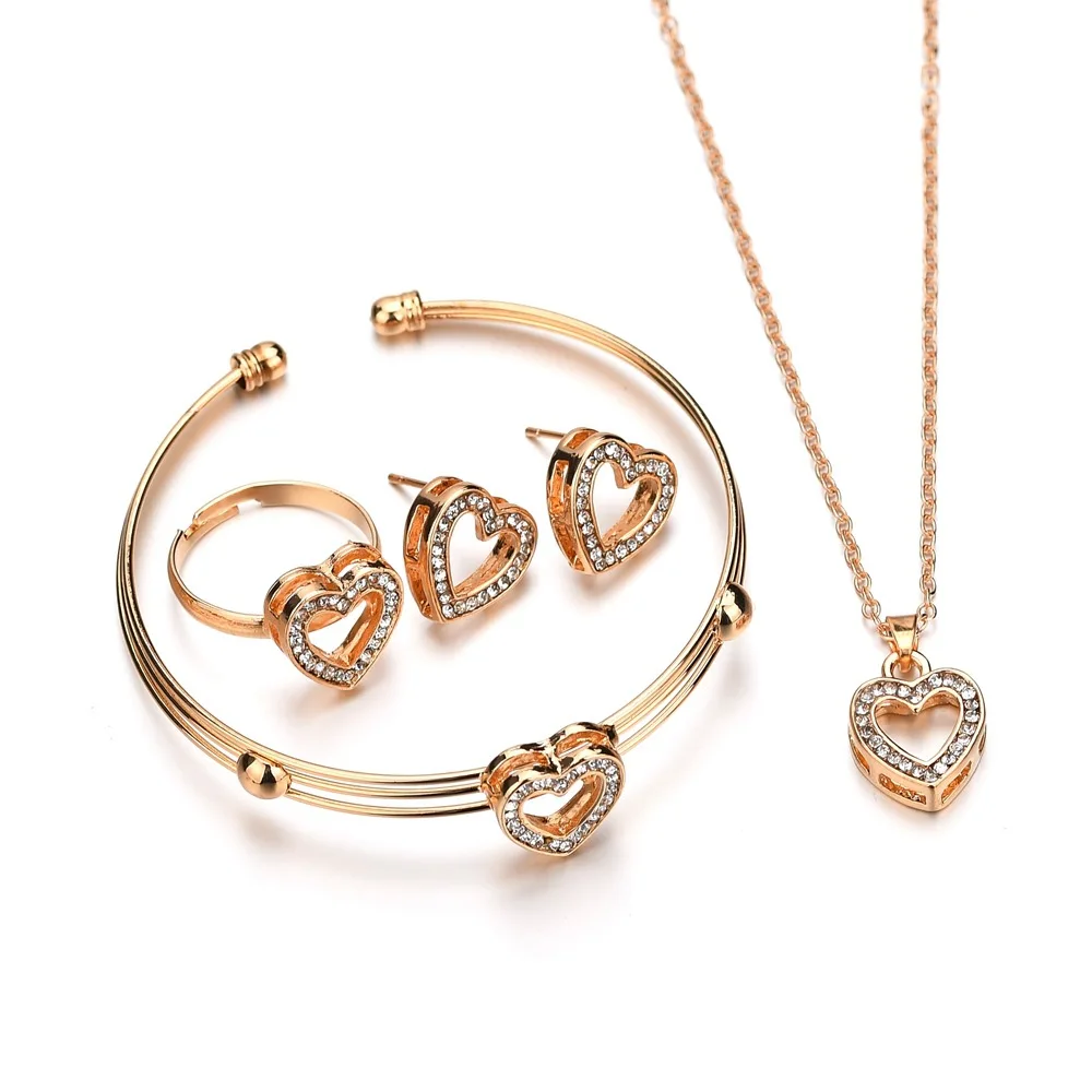 

4 pcs Cute Heart Shaped Necklace Earrings Sets Jewelry Crystal Kid Children Lovely Gold Color Jewelry Sets for Girl