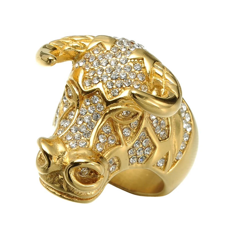 

HIP Hop Big Heavy Bling Iced Out Bull Tau Mens Singet Ring Gold Color Titanium Gold Ring