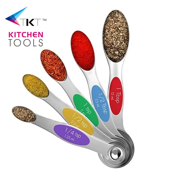 

colorful double-end magnet seasoning 5 pieces stainless steel measuring spoon set for kitchen and baking, Black and colorful