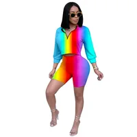 

Rainbow Print Two Piece Set Women Autumn Zip Crop Top And Shorts Sets Casual Tracksuit Slim Fitness Outfits Y11167