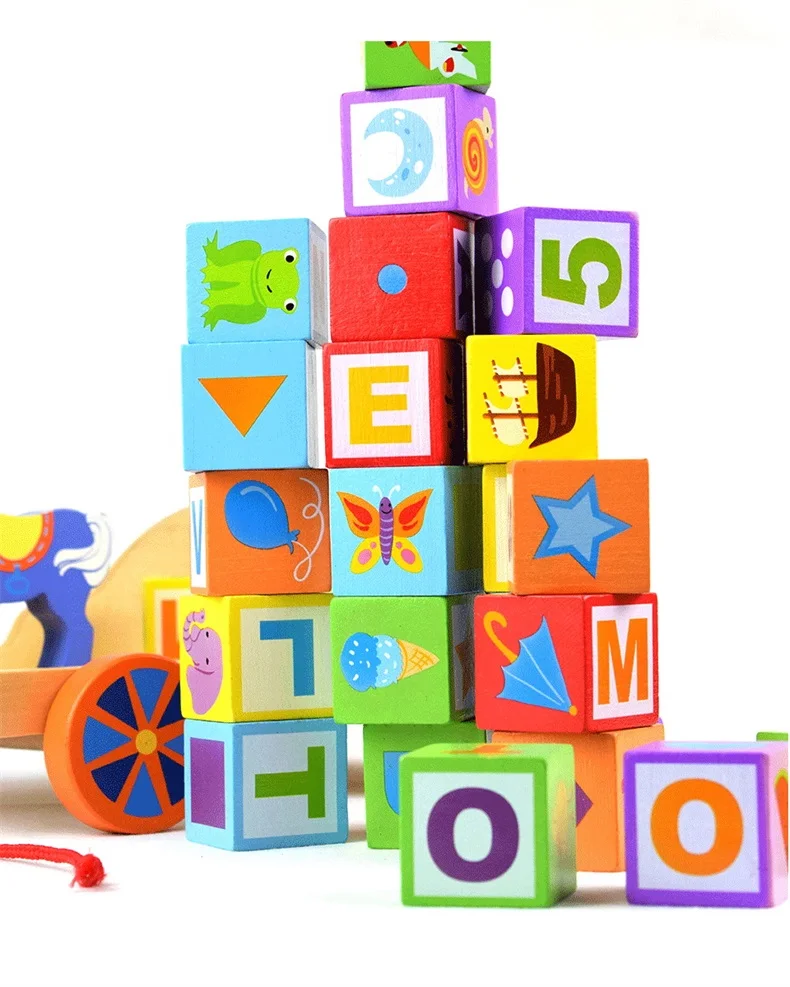 Wooden Educational Building Arabic Alphabet Blocks Bolcks Carriage Toy