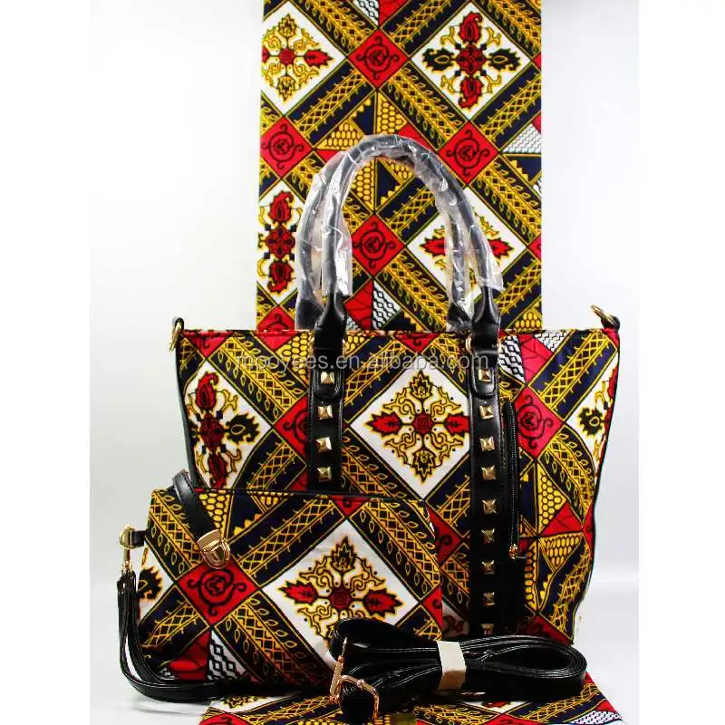 

2019 new fashion high quality african ankara tote bag set matching wax fabric, Beige, check, golden, multi, plum