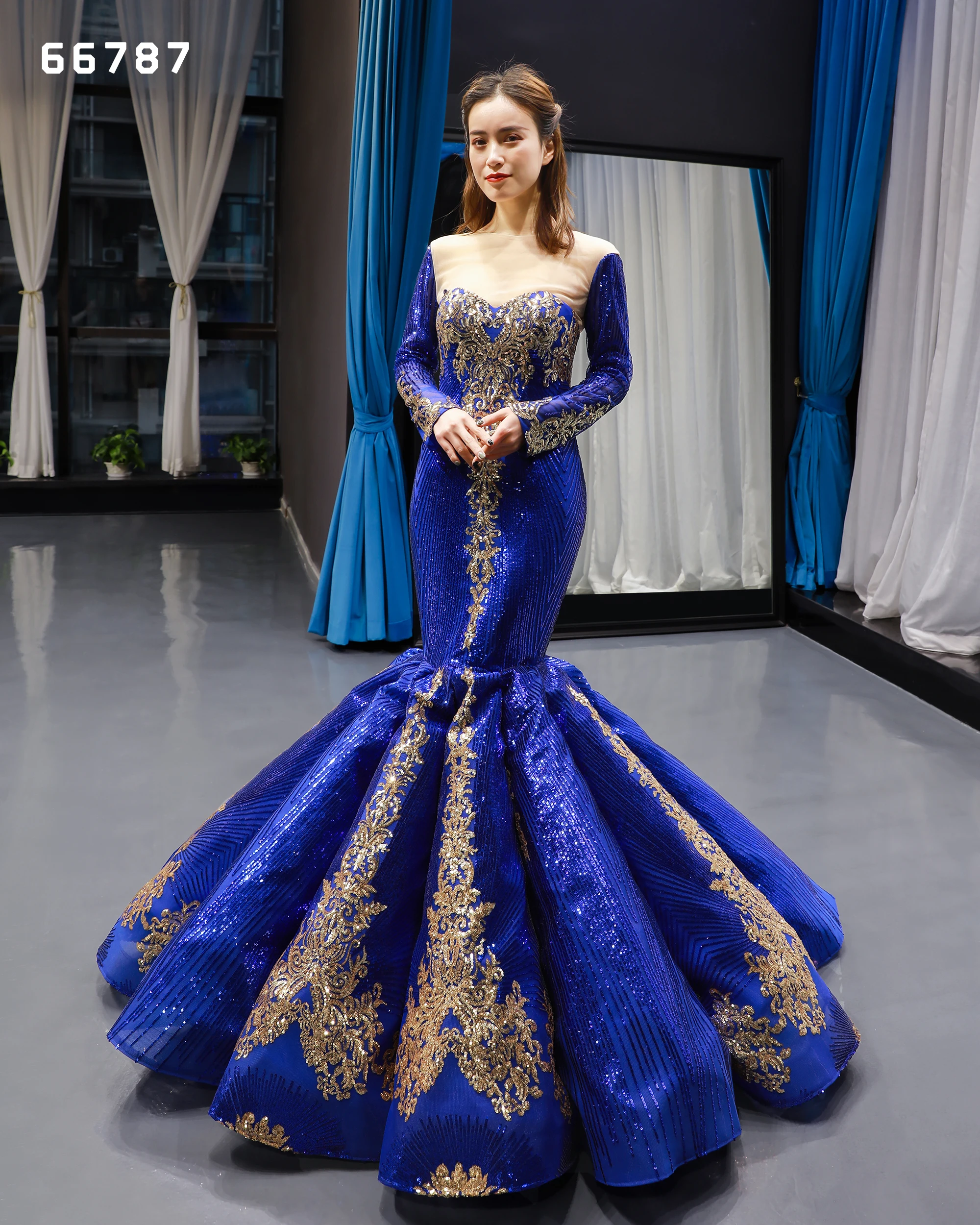 

RSM66787 Jancember royal blue evening dress women vestidos de fiesta luxury long sleeve sexy mermaid prom dress evening
