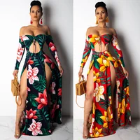 

Floral Printed Long Dress Sexy Cutout Hig Side Slit Woman Dresses Vestidos Mujer F85