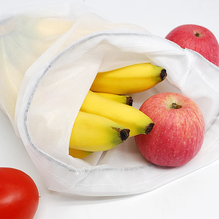 Manufacture Customized Reusable Vegetable Mesh Bags Black Rope White Polyester Kitchen Net Food Storage Bags Shopping Drawstring