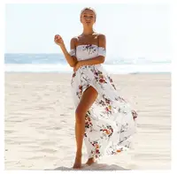 

2019 new Boho style long dress women Off shoulder beach summer dresses Floral print Vintage chiffon white maxi dress vestidos