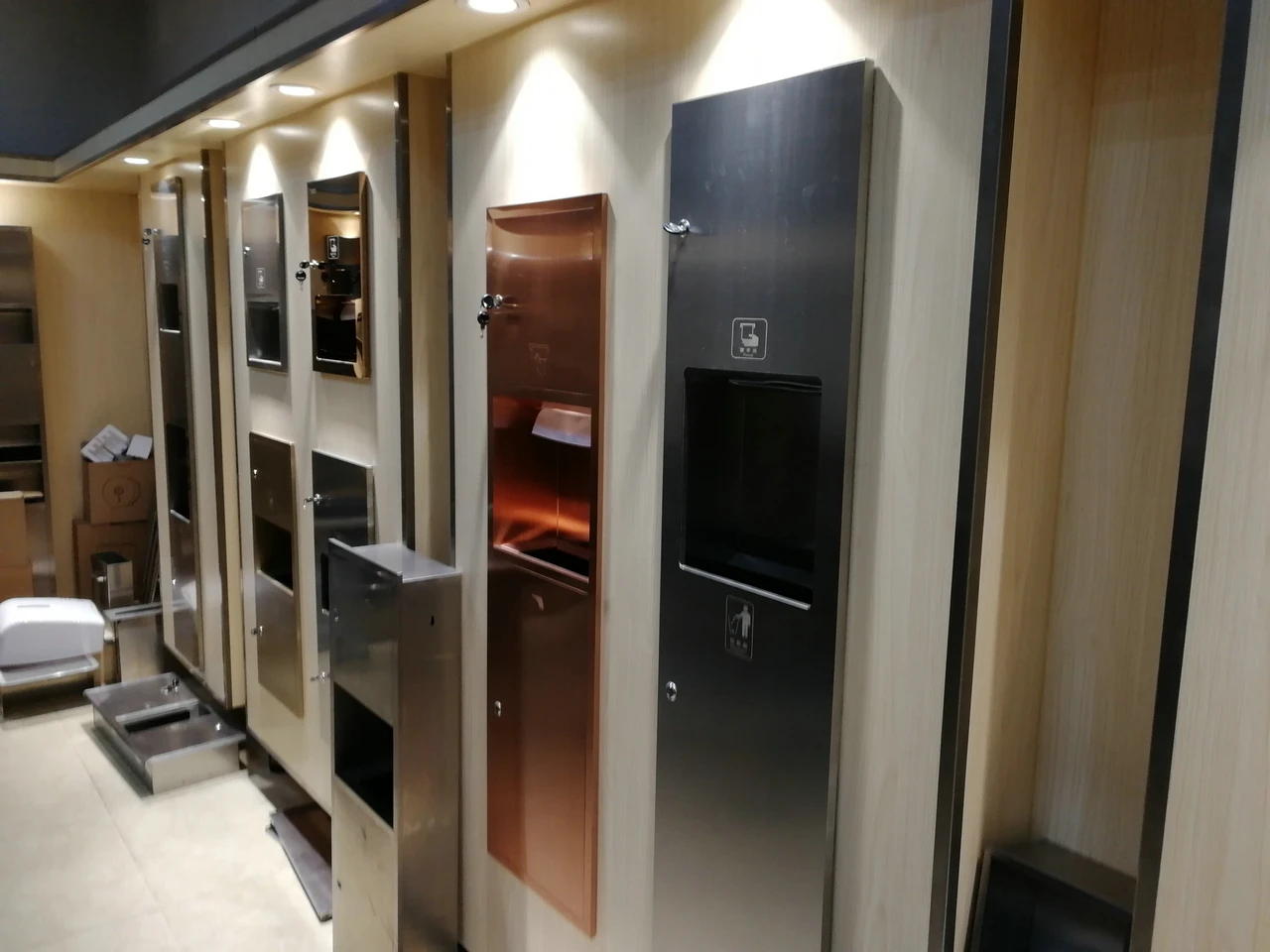 recessed toilet paper dispenser and waste receptacle