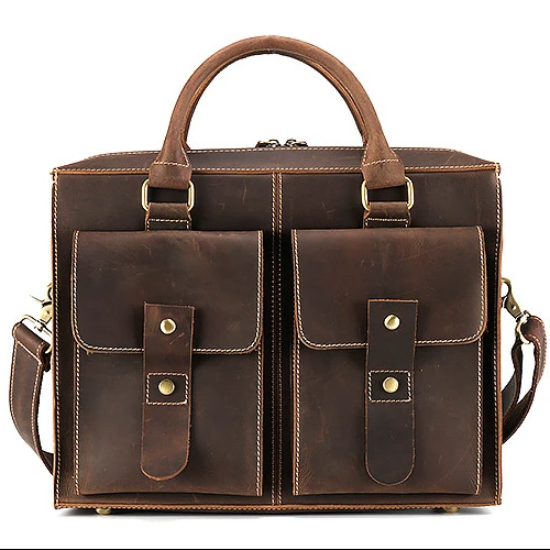 

2019 Hot Sales Men's Vintage Genuine Leather Briefcase Messenger Bag , Fit 14" Laptop, Dark brown/customized