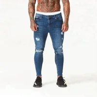 

Royal wolf spray on denim garment factory vintage blue fashion mens super skinny ripped jeans