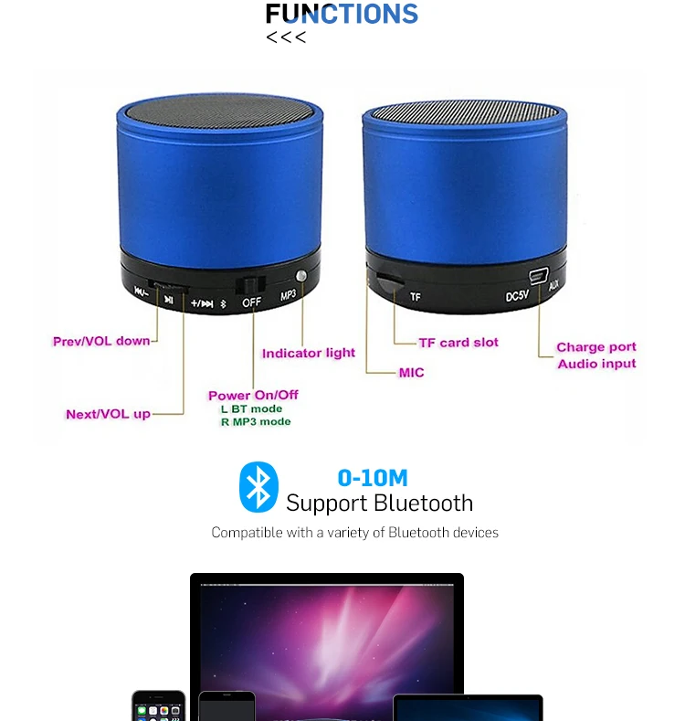 2018 best selling subwoofer Handsfree Wireless Bluetooth Round Speaker S10 Mini Speakers with Mic TF Card - ANKUX.COM