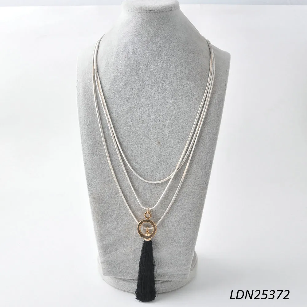 Fashion Multilayer Pendant Black Silk Thread Tassel Fringe Necklace Multistrand Long Necklace 