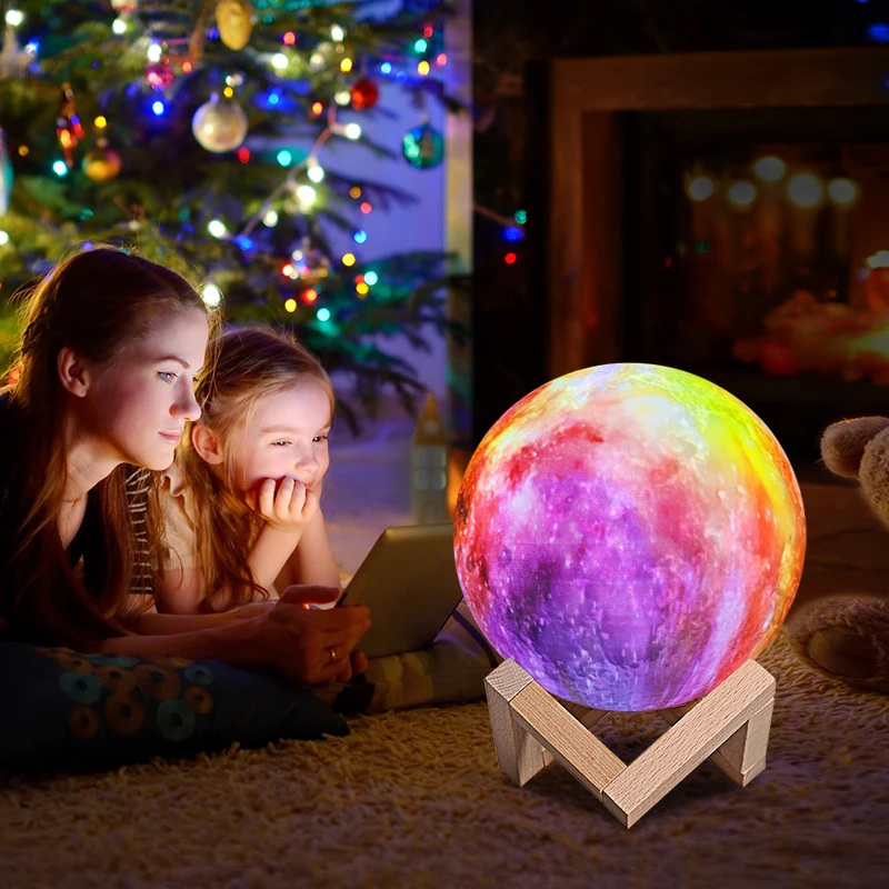 6 inches 7 colors decorative 3D printed moon light, touch and pat 3 color changing night lamp for gifts