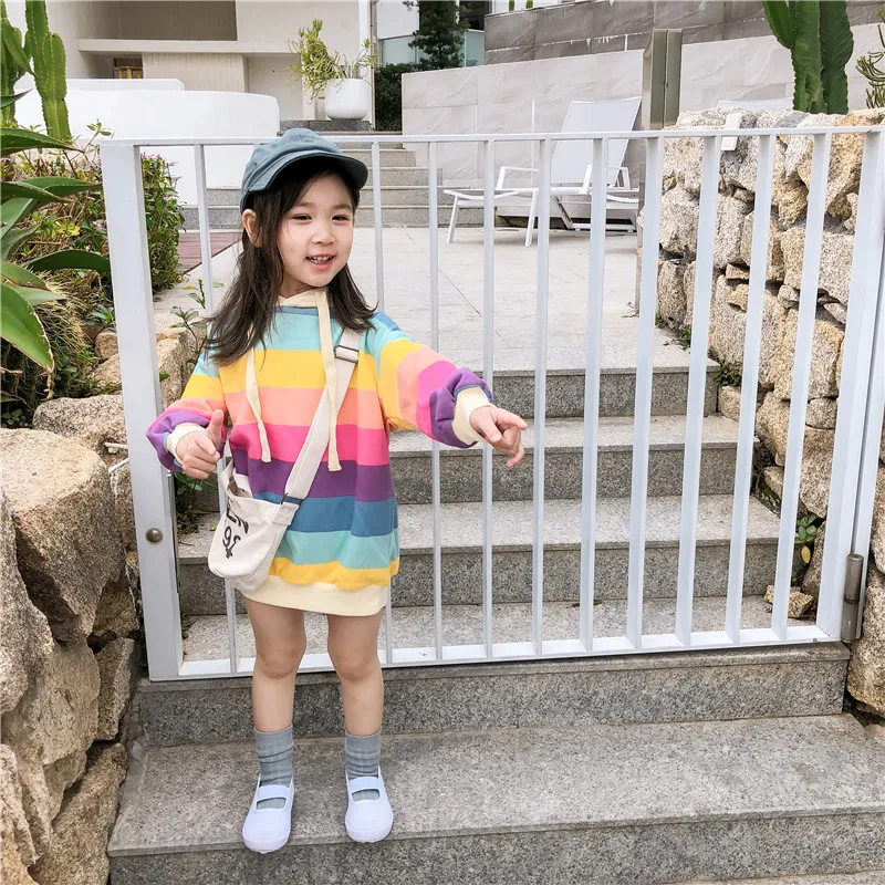 

2019 spring girls hooded mid-length sweater rainbow striped hoodie, As picture