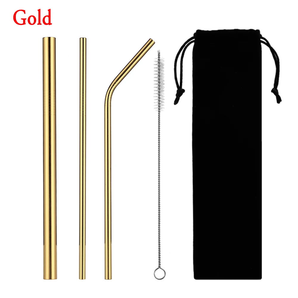 

5pcs Eco Friendly Reusable Straw 304 Stainless Steel Straw Metal Smoothies Drinking Straws Set with Brush & Bag Wholesale, Black blue purple gold rosegold