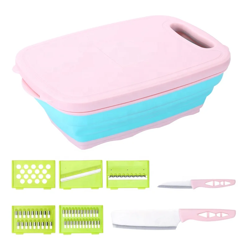 

Multifunctional 9 In 1 Custom Large Plastic Kitchen Vegetable Cutting Board with Collapsible Colander, Pink, green