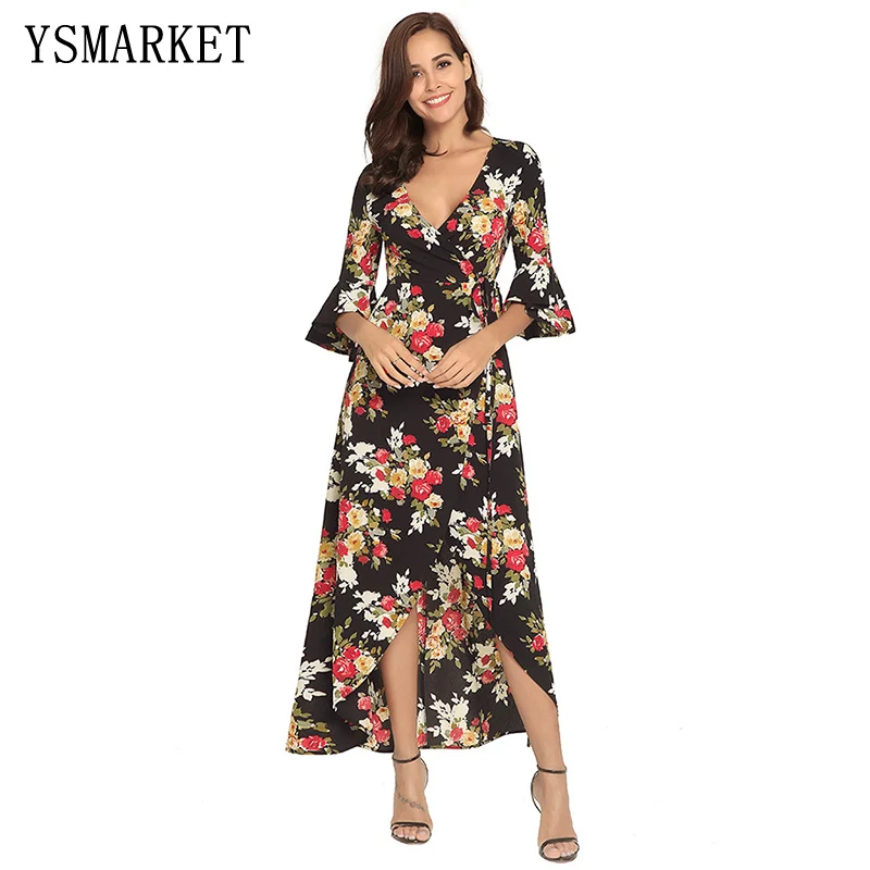 

Women Floral Printed Asymmetric V Neck Butterfly Sleeve Long Dress A1578, Can be customized