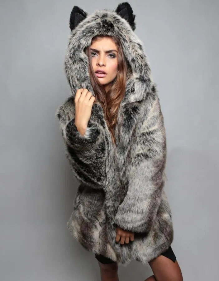 

Ladies Fashion Fur Coat Cartoon Cat Ear Shape Jacket, Black/black and white/gray