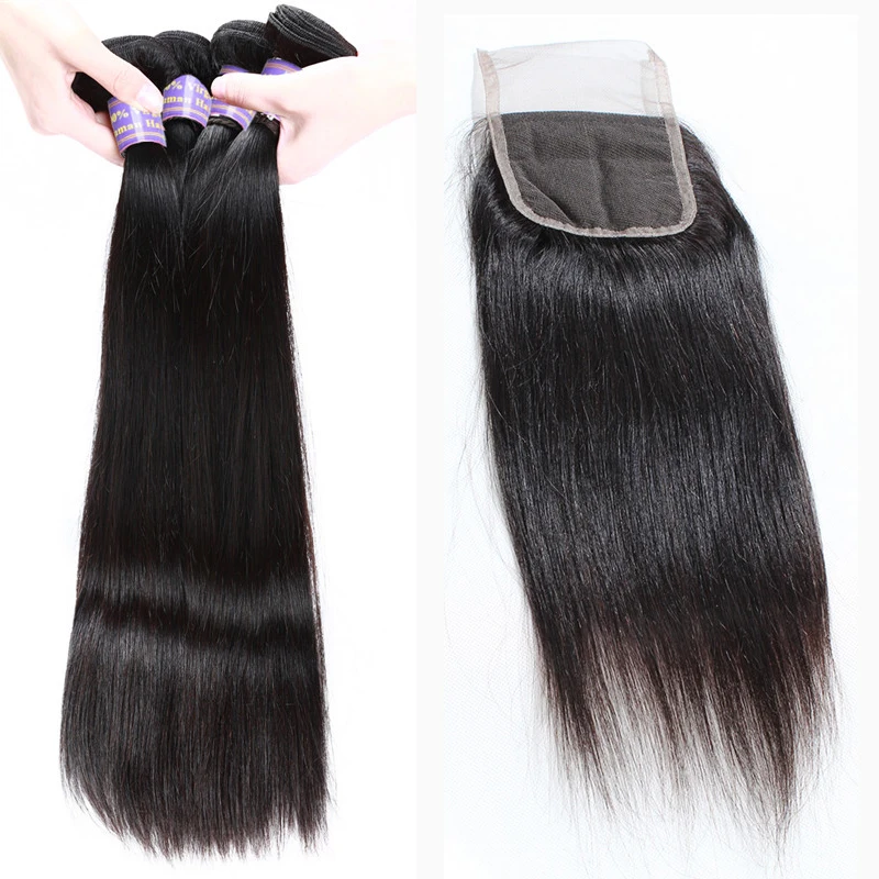 

cheap straight peruvian mink brazilian human hair, 4*4 lace closure with 3 hair bundles,
