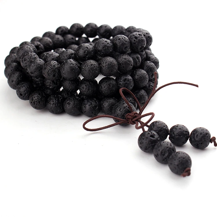 

GVUSMIL 6mm 8mm Natural Lava Stone 108 Buddhist Prayer Beads Bracelet/Necklace, Black