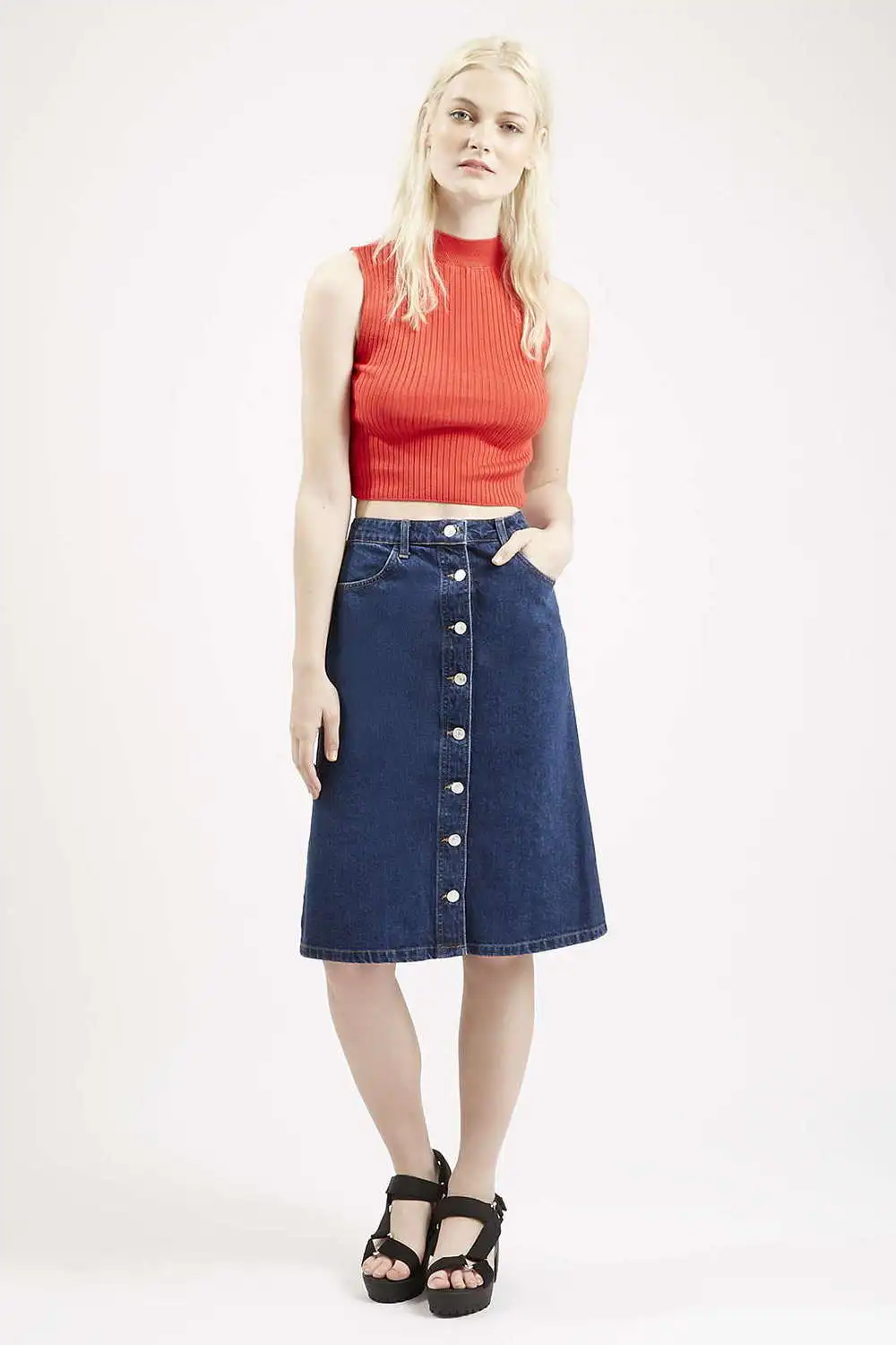 Indigo Denim Button Down A Line Denim Midi Skirt / Cotton Denim Button ...