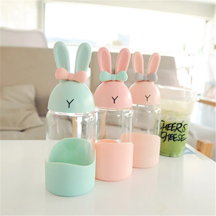 

Wholesale Cute Cartoon Rabbit Leak Proof Portable Borosilicate Glass Child Water Bottle, Pink, green,khaki