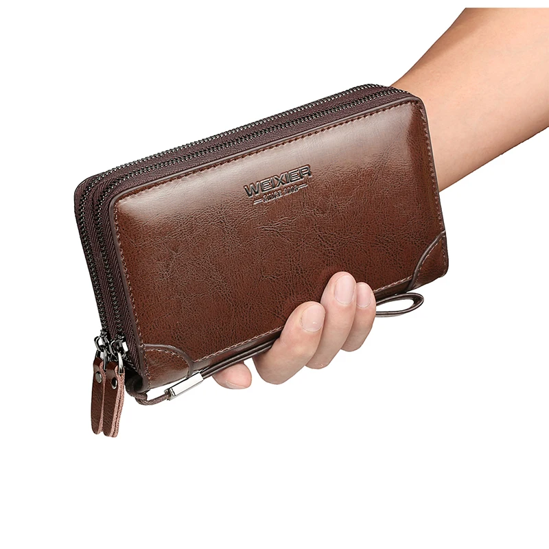 

Wholesale classic PU leather men clutch bag oil wax surface long wallet, Black, coffee, brown